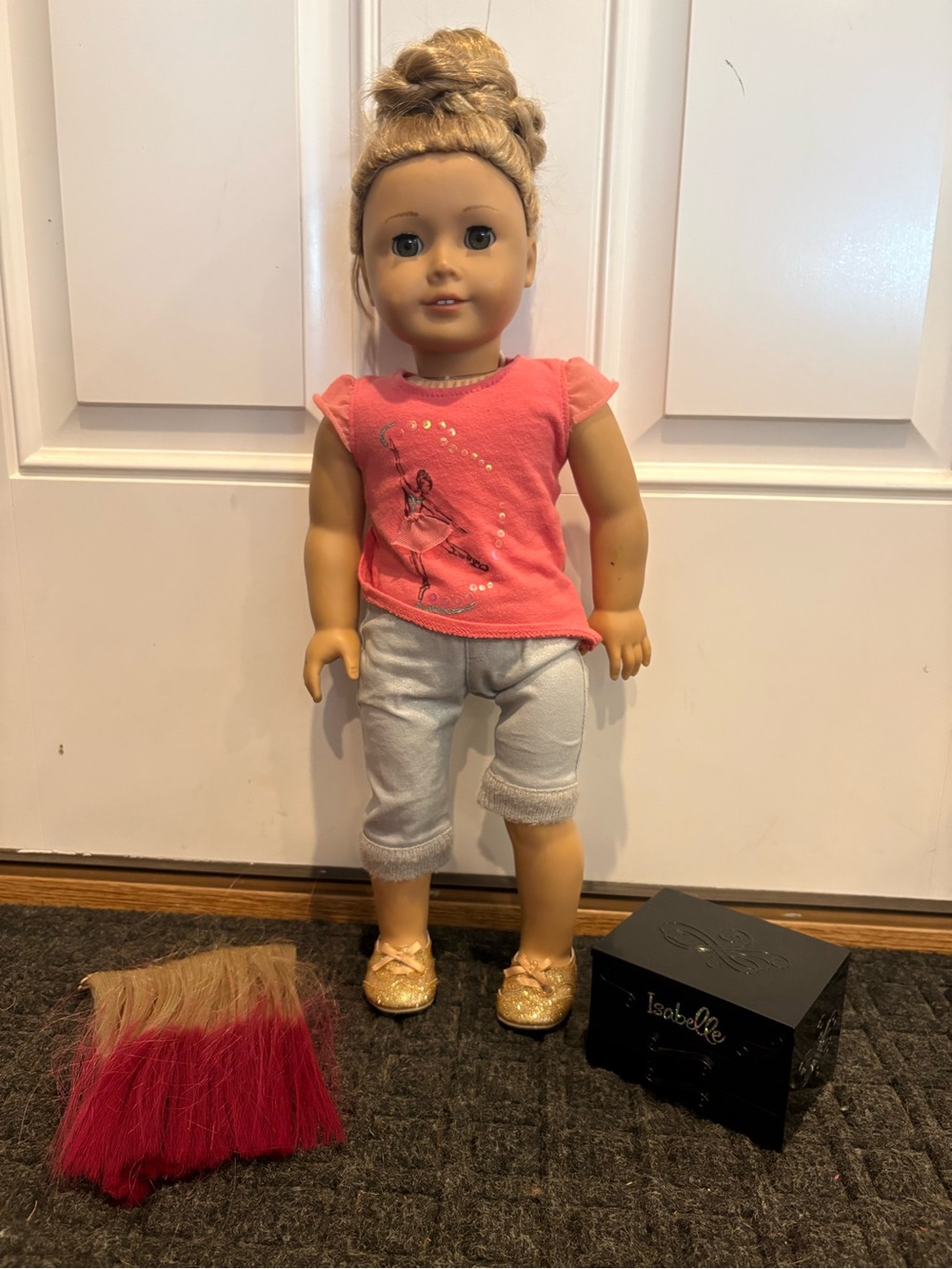 American Girl Doll Isabelle in Coral Pink Top with Silver Shorts and Gold Shoes